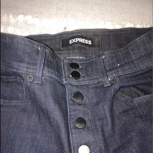 Express dark denim high rise flare jeans